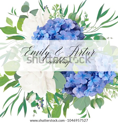 Wedding floral invite, save the date card design with elegant blue violet hydrangea flowers white garden roses,  eucalyptus green branches, greenery leaves & berries decorative border. Trendy template