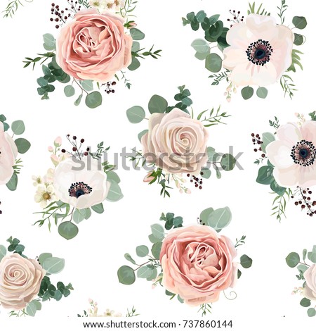 Seamless pattern Vector floral watercolor style design: garden powder white pink Anemone flower silver Eucalyptus branch green thyme wax flowers greenery leaves. Rustic romantic background print