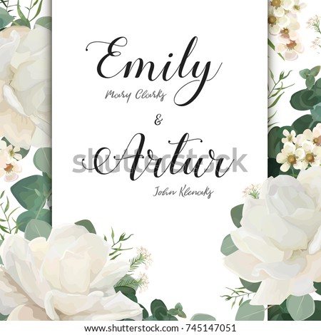Floral Wedding Invitation save the date card elegant invite card vector Design: garden flower white Rose peony white wax green blue Eucalyptus tender greenery bouquet print frame and copy space layout