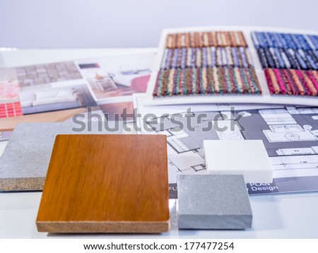 Interior design  color samples plan with   cement board, wood and furniture plan