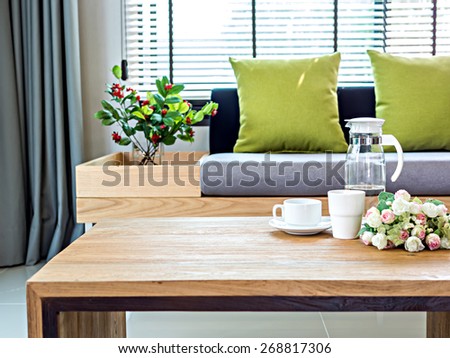 Modern interior of Living room still life with coffee table and sofa background