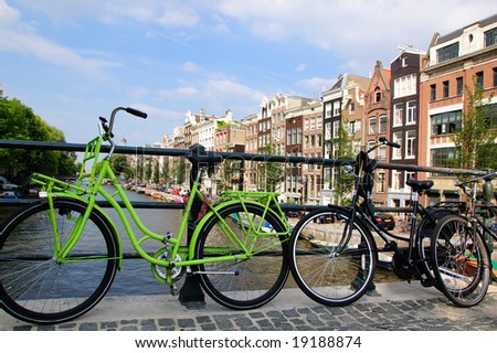 Dutch bicycles on a bridge in Amsterdam