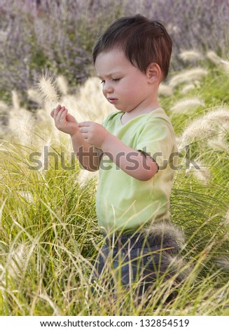 A small child standing in a long grass in a Mediterranean garden.