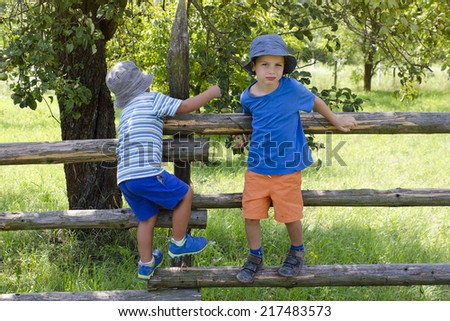 Children climbing over wooden fence into a garden or orchard.
