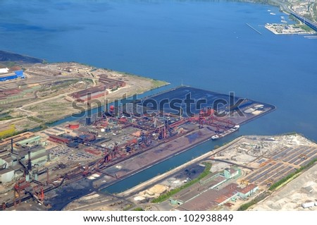 aerial view of an industrial area along the Lake Ontario in Hamilton Ontario, Canada
