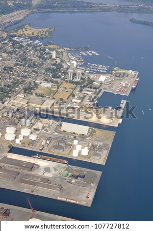 aerial view of the industrial area of the Lake Ontario Harbour in Hamilton Ontario