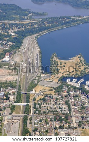 aerial view of the harbour area and railroad yard in Hamilton Ontario, Canada