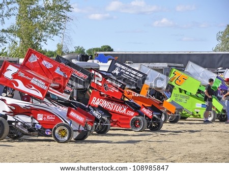 ST MARCEL QUEBEC,CANADA-JULY 8: Mini Modified race cars on display at the drivers camp,, during the Modified and Pro-Stock Mhwk series at the RPM Speedway on July 8, 2012 in St Marcel, Quebec