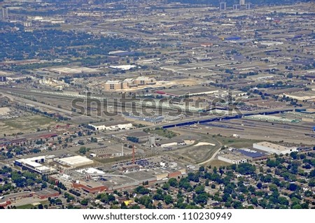 aerial view of an Industrial area around Etobicoke railway yard, view from above lake Ontario, Summer