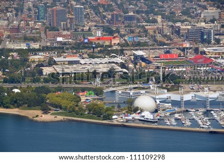 TORONTO, CANADA - August 24 : Aerial view of the Exhibition Grounds during the Canadian National Exhibition with Canada Place in the foreground, Toronto Ontario Canada August 24, 2012