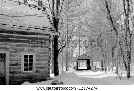 wood cabin and covered bridge, Winter scene black and white