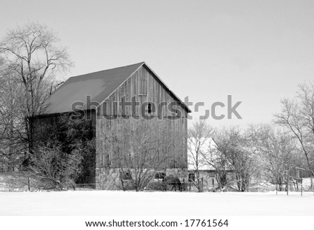 Winter barn, black and white