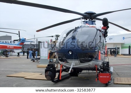 LE BOURGET, FRANCE  - JUNE 18: Eurocopter EC 145 helicopter with surveillance camera on display at the 48th International Paris Air Show Le Bourget  June 18, 2009 in Le Bourget, France.