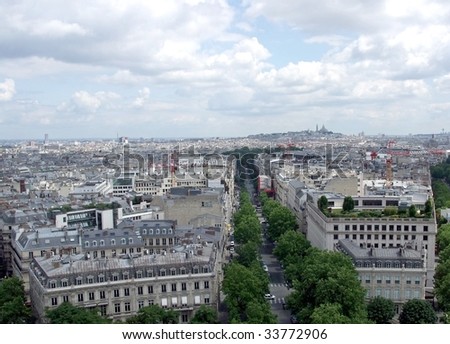view from the Arc de Triumph across Paris roof tops towards Montmartre