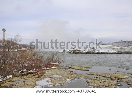 View from behind the Horseshoe Fall towards Niagara Falls, Winter scene