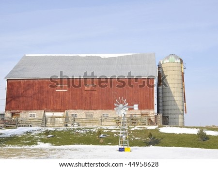 red agricultural buildings, Winter