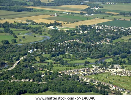 aerial of a small community along the Grand River, Kitchener Waterloo area Ontario Canada