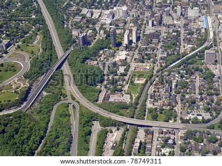 aerial view of downtown Hamilton Ontario.late Spring