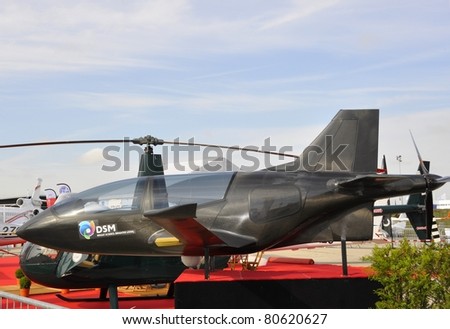PARIS, FRANCE - JUNE 24:LH Aviation’s LH-10 model with DSM carbon fiber composite resin application on display at the The International Paris Air Show on June 24, 2011 Le Bourget Airport, France.