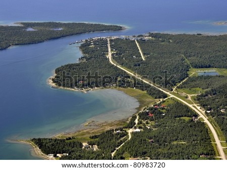 aerial view of  the road to South Baymouth on the shore of Manitoulin Island, Ontario Canada