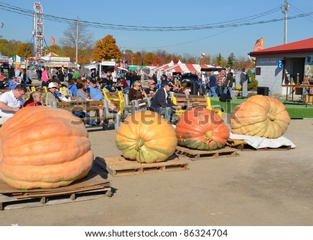 ROCKTON, ONTARIO, CANADA - OCTOBER 08: Fair visitors watching the Giant pumpkin contest weigh in at the  at the Rockton World\'s Fair,  on October 08, 2011 in Rockton, Ontario, Canada