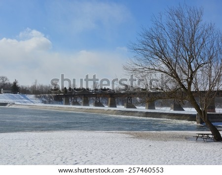 Winter scene at the Grand River railroad bridge near Caledonia Ontario, Canada