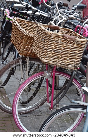 Storage baskets on the bicycles in the city