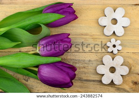 Purple tulips with white wooden flowers on old used wood