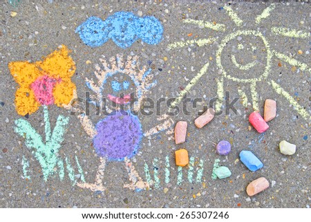 side walk  chalk on the side walk with children drawing with sun , flowers and doll.. Happy spring, summer painting