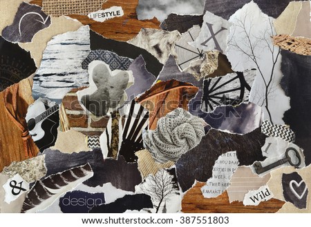 life style Atmosphere color grey, brown, black and black mood board collage sheet made of teared magazine paper with figures, letters, colors and textures, results in art