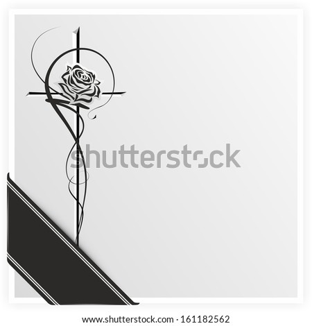 monochrome illustration of a rose on a cross with ribbon