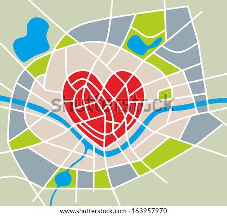 illustration of an imaginary city map with heart as city center