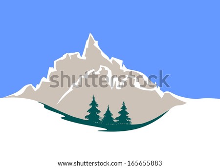 stylized forest landscape with fir tress, mountains and blue sky
