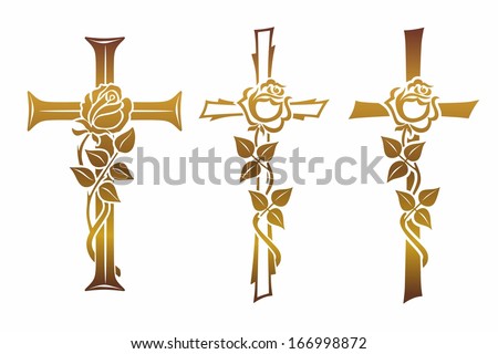 golden grave cross with rose for funerary decoration