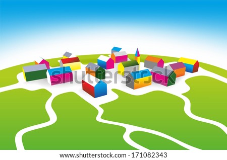 illustration of a small village with colored toy blocks