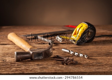 Still life Work tools on a wooden table