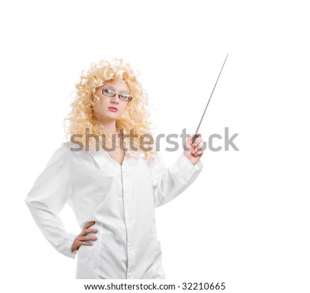 Sexual nurse in a white robe with the pointer. Isolated on white.