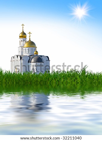 Holy temple in the background of green grass and bright sun temple in the background of green grass and bright sun