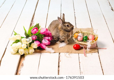Easter bunny near a bouquet of tulips and colored eggs on a wooden white floor