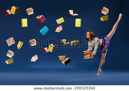 Ballerina in form of  schoolgirl with pile heavy books, and flying books around