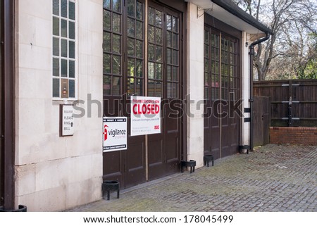 LONDON, UK - 22 February 2014: Closure of Belsize Park Fire Station in North West London with closed signs