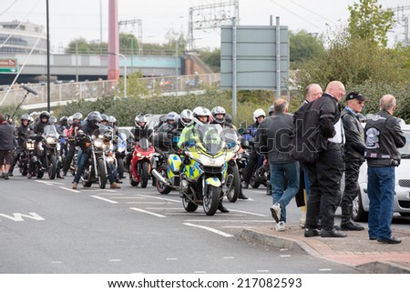 Ace Cafe, North London, UK, 14th September, 2014. Bikers and Police preparing to ride out to Brighton from the Ace Cafe in London