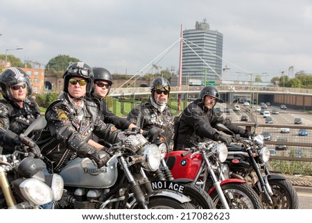 Ace Cafe, North London, UK, 14th September, 2014. The lead riders from the Ace Cafe preparing to ride out to Brighton from the Ace Cafe as part of a reunion