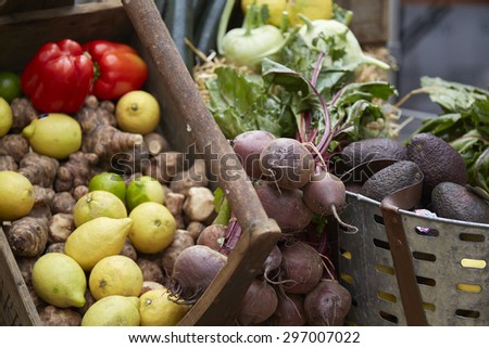 Fruit and vegetables in a basket at a farmers market