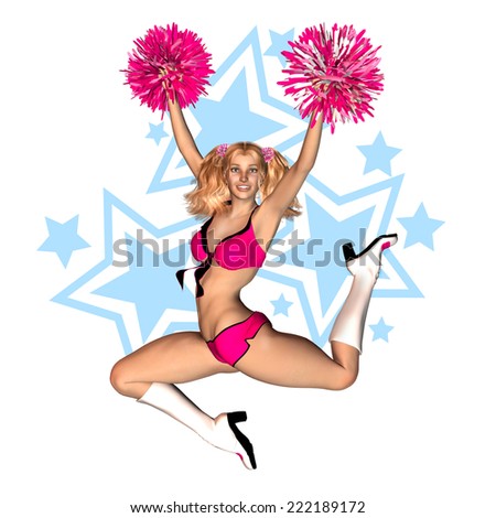 Cheerleader jumps wearing pink uniform and white boots while holding pink pom poms with blue stars background.