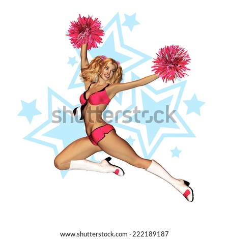 Cheerleader in pink uniform with white boots holding pink pom poms with blue stars background.