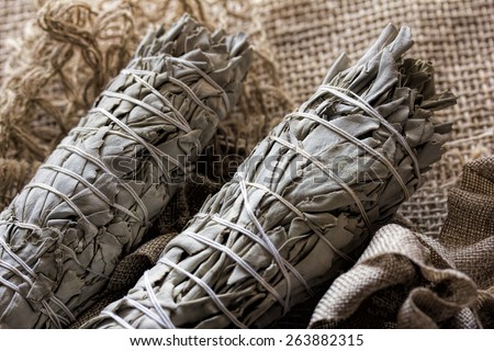Dried Sage\
White sage smudge sticks or bundles of dried sage wrapped with string on burlap background.