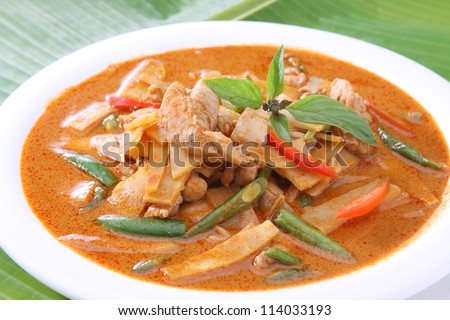 Thai Food Red Curry Chicken with Bamboo Shoots and Green Beans