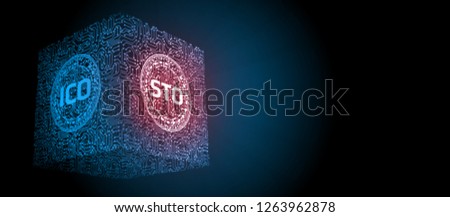 Security Token Offering (STO) is replacing Initial Coin Offering (ICO) as a new proposing technology for crypto currency. Glowing led text over computer circuit board.