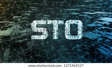 Security Token Offering (STO)  text written in binary format on wired network connection over abstract geometry background. for crypto currency as an alternative to ICO. Token promotion or advertising